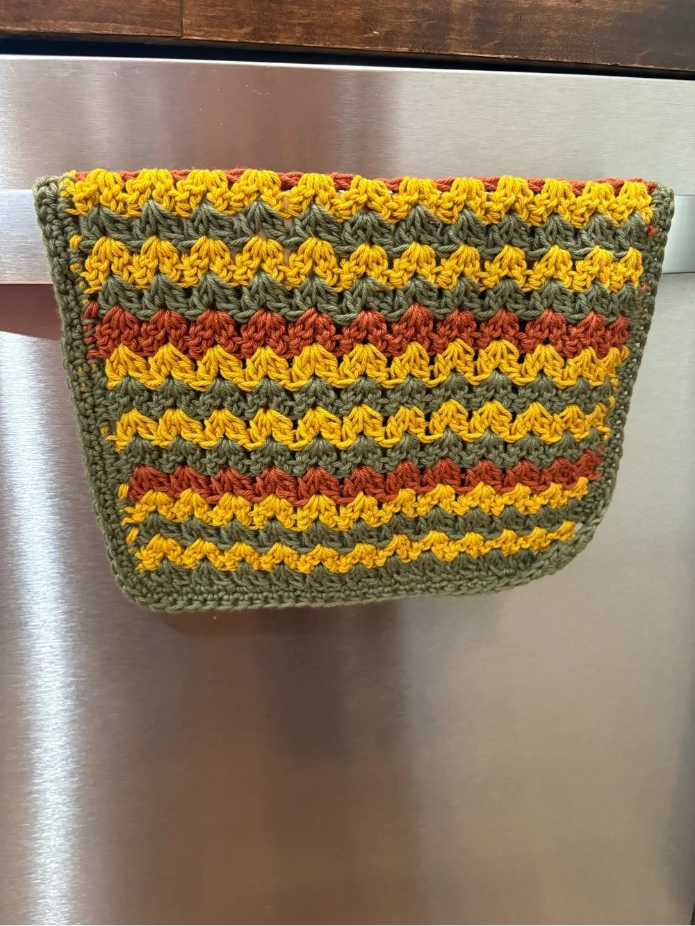 Hand Crafted Crochet Cotton Dish Cloth in Olive Green, Mustard & Rust